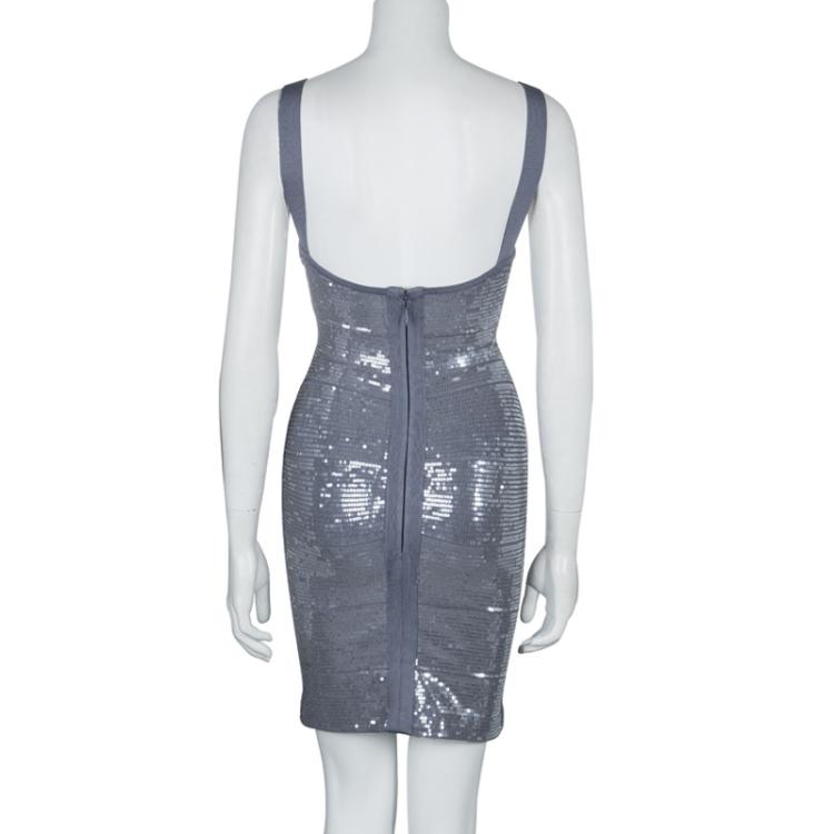 Pre Owned Herve Leger Grey All Over Sequin Embroidered Sleeveless Bandage Dress S