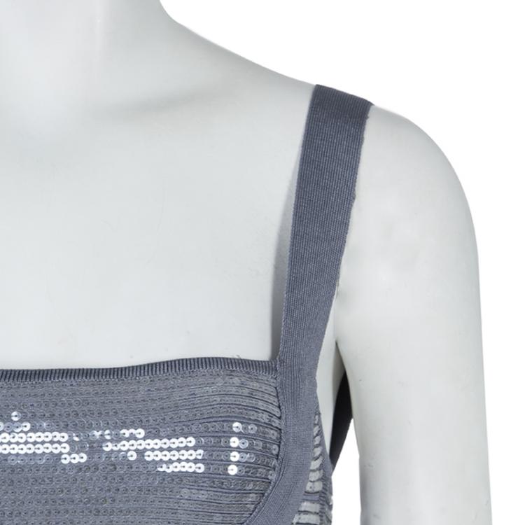 Pre Owned Herve Leger Grey All Over Sequin Embroidered Sleeveless Bandage Dress S