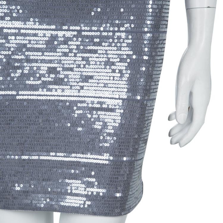 Pre Owned Herve Leger Grey All Over Sequin Embroidered Sleeveless Bandage Dress S