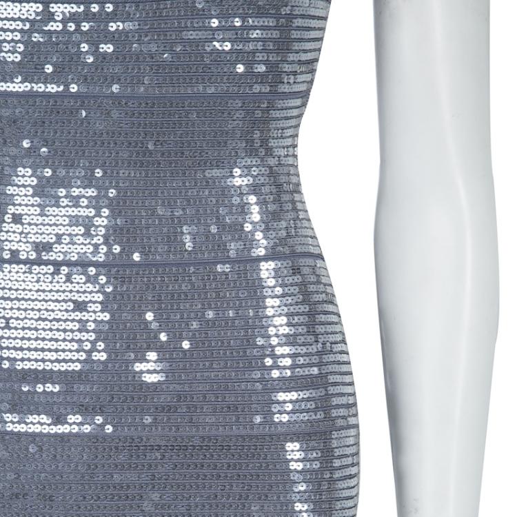Pre Owned Herve Leger Grey All Over Sequin Embroidered Sleeveless Bandage Dress S