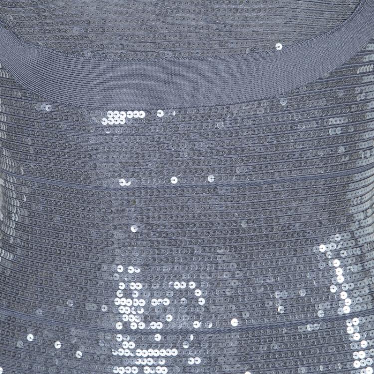 Pre Owned Herve Leger Grey All Over Sequin Embroidered Sleeveless Bandage Dress S