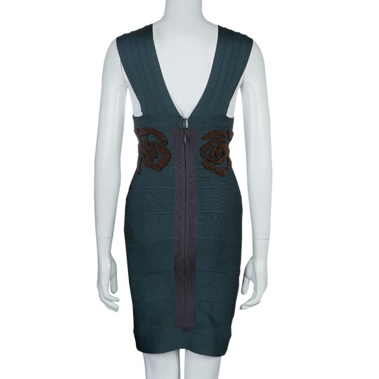 Pre Owned Herve Leger Emerald Green Beaded Waist Detail Sleeveless Bandage Dress S