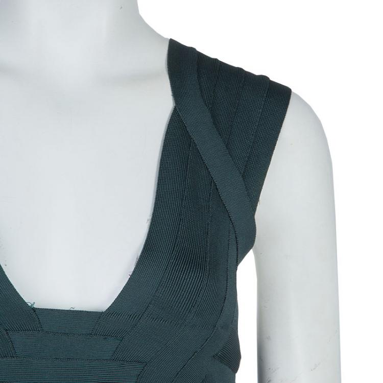 Pre Owned Herve Leger Emerald Green Beaded Waist Detail Sleeveless Bandage Dress S