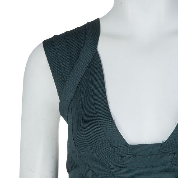 Pre Owned Herve Leger Emerald Green Beaded Waist Detail Sleeveless Bandage Dress S