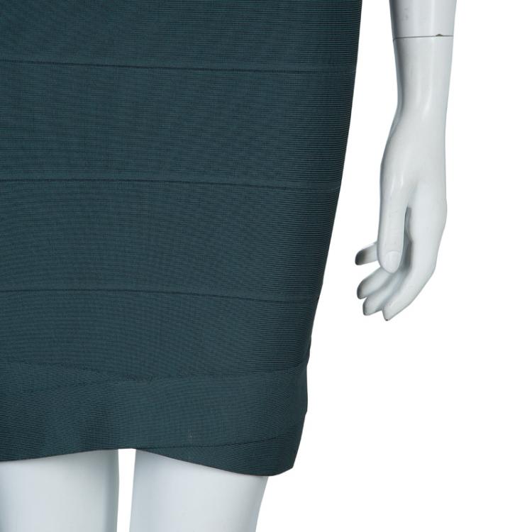 Pre Owned Herve Leger Emerald Green Beaded Waist Detail Sleeveless Bandage Dress S