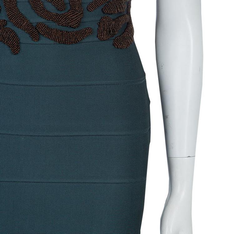 Pre Owned Herve Leger Emerald Green Beaded Waist Detail Sleeveless Bandage Dress S