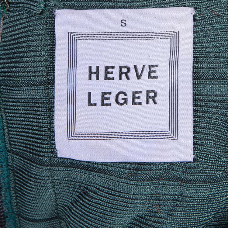 Pre Owned Herve Leger Emerald Green Beaded Waist Detail Sleeveless Bandage Dress S
