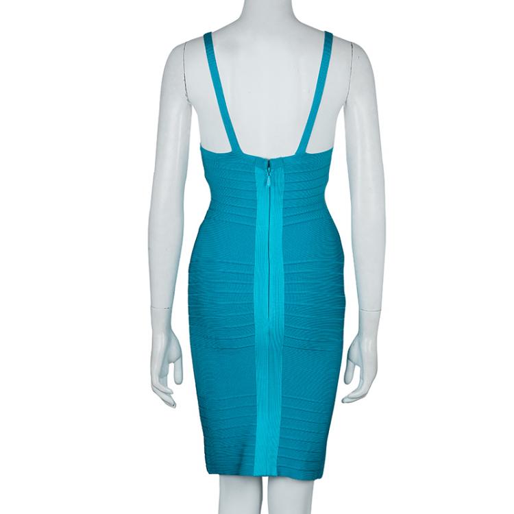 Pre Owned Herve Leger Turquoise Blue Knit Sleeveless Bandage Dress XS