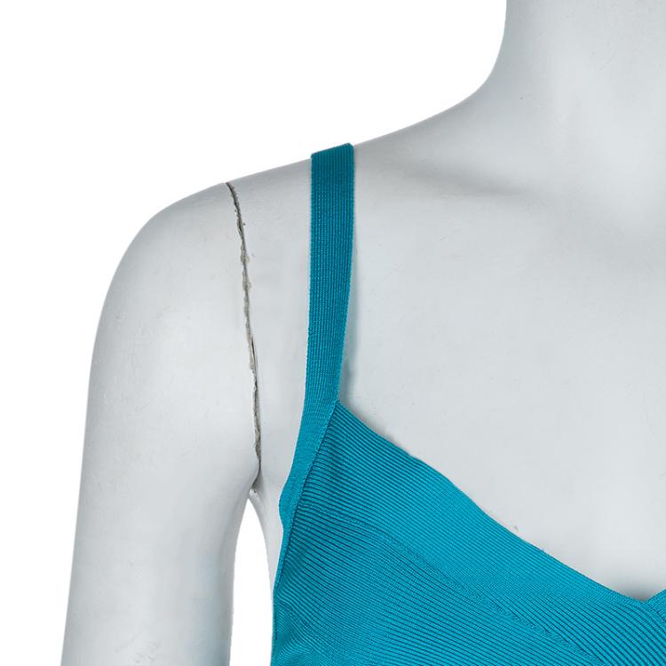 Pre Owned Herve Leger Turquoise Blue Knit Sleeveless Bandage Dress XS