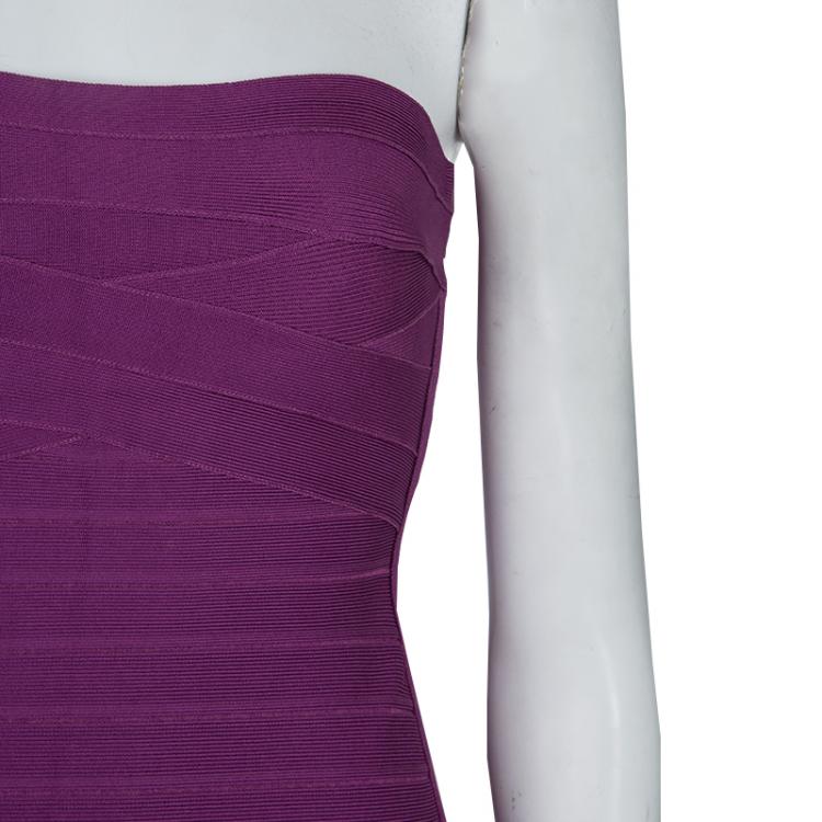 Pre Owned Herve Leger Purple Knit Strapless Bandage Dress S