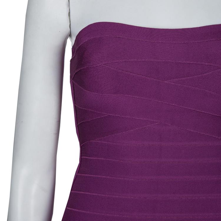 Pre Owned Herve Leger Purple Knit Strapless Bandage Dress S