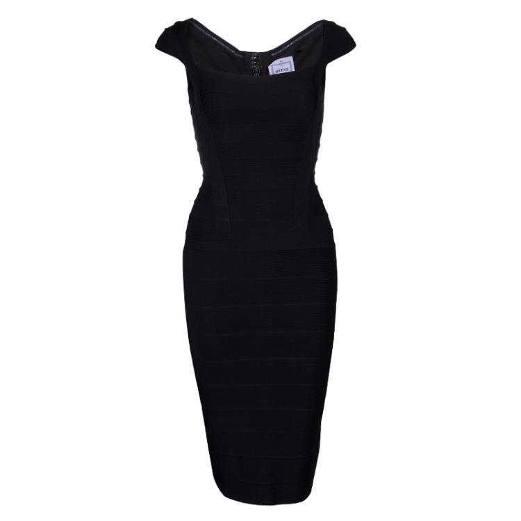 Pre Owned Herve Leger Black Knit Cap Sleeve Bandage Dress XXS