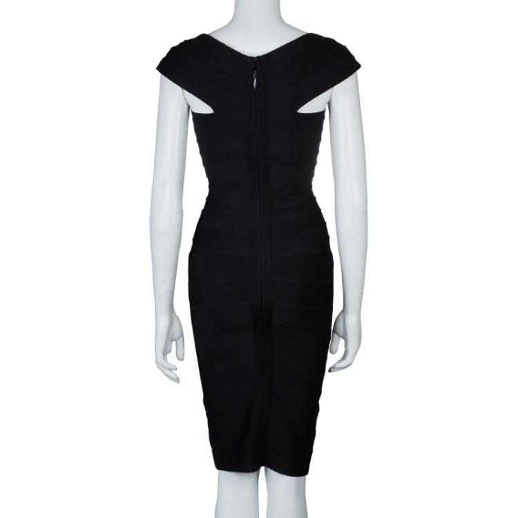Pre Owned Herve Leger Black Knit Cap Sleeve Bandage Dress XXS