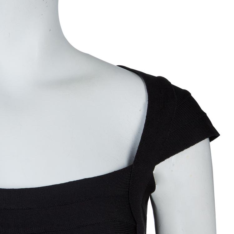 Pre Owned Herve Leger Black Knit Cap Sleeve Bandage Dress XXS