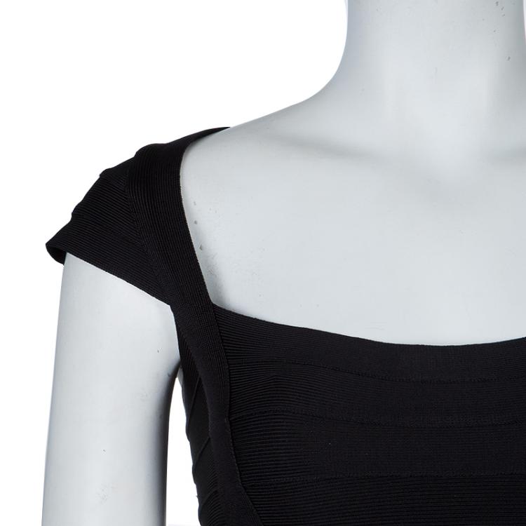 Pre Owned Herve Leger Black Knit Cap Sleeve Bandage Dress XXS