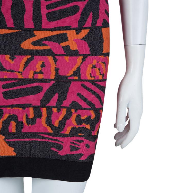 Pre Owned Herve Leger Multicolor Jacquard Knit Strapless Bandage Dress XXS