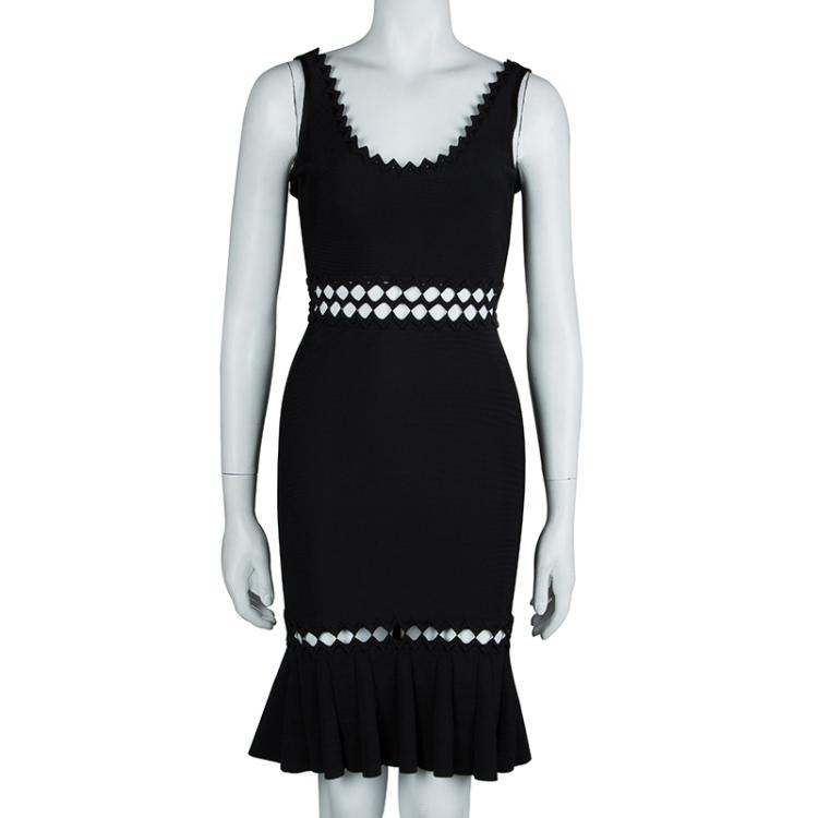 Pre Owned Herve Leger Black Knit Flared Cutout Detail Dress S