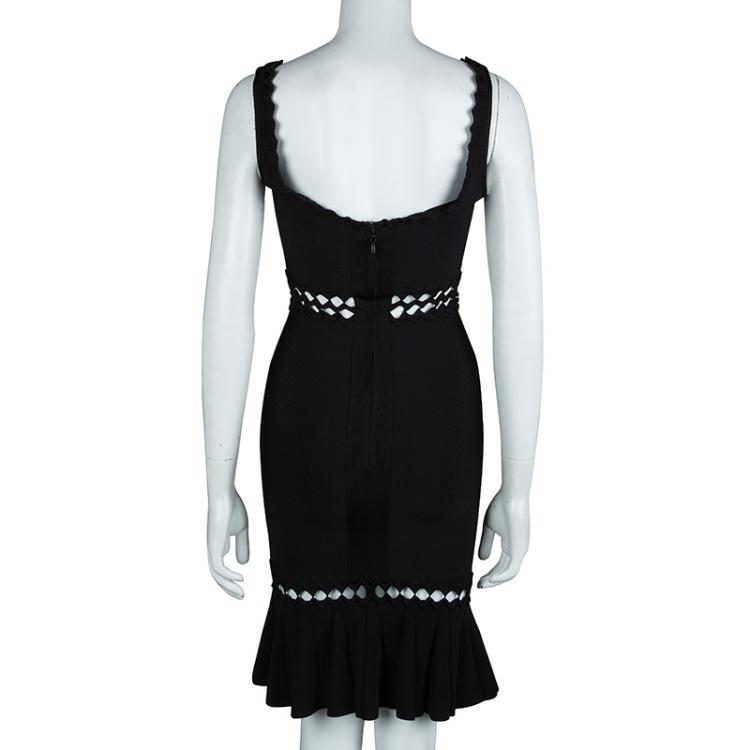 Pre Owned Herve Leger Black Knit Flared Cutout Detail Dress S