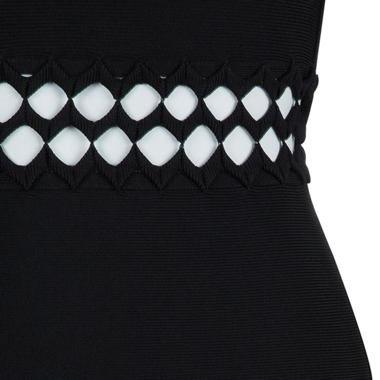 Pre Owned Herve Leger Black Knit Flared Cutout Detail Dress S