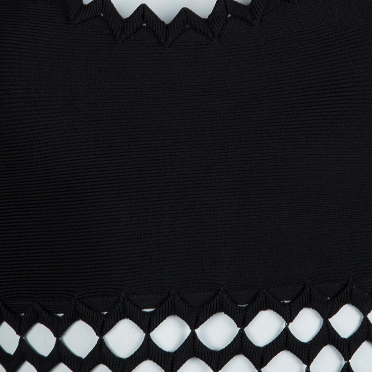 Pre Owned Herve Leger Black Knit Flared Cutout Detail Dress S