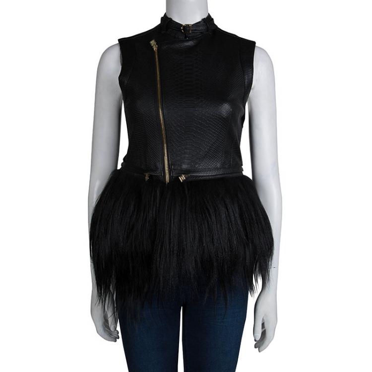 Pre Owned Herve Leger Black Lambskin Leather Fur Trim Vest XS