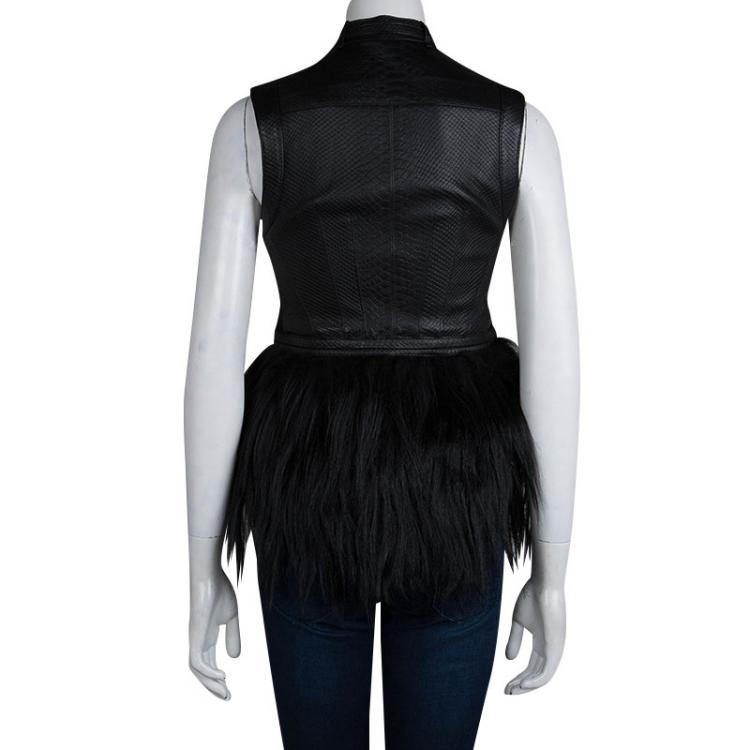 Pre Owned Herve Leger Black Lambskin Leather Fur Trim Vest XS