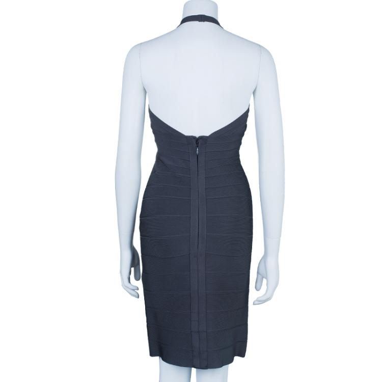 Pre Owned Herve Leger Grey Halterneck Bandage Dress M
