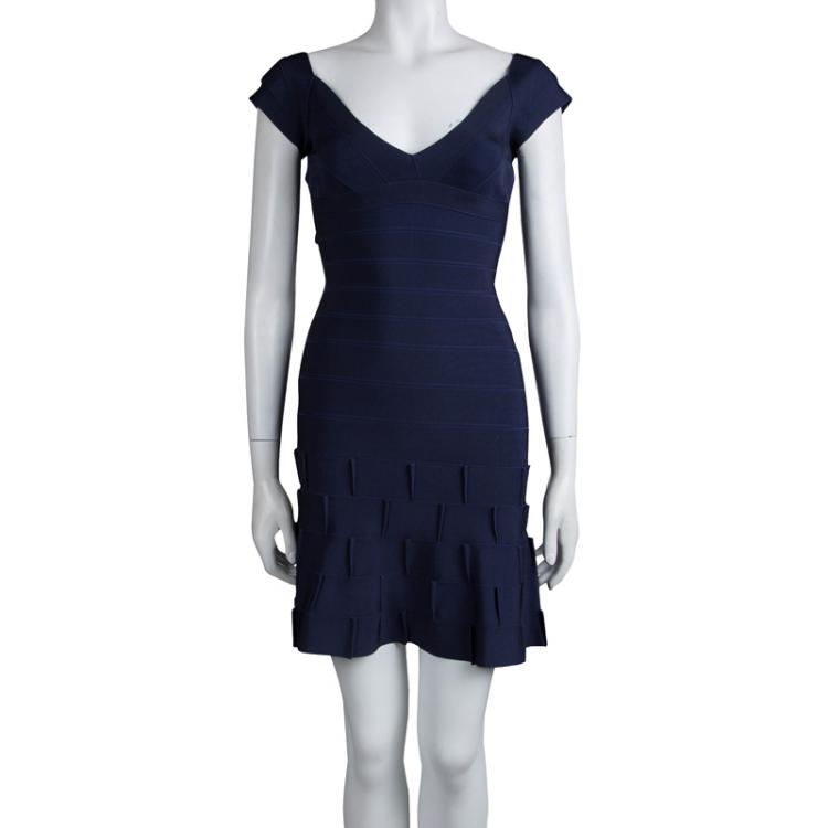 Pre Owned Herve Leger Navy Blue Knit Flared Bottom Bandage Dress S