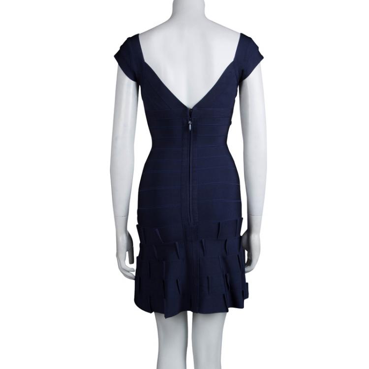Pre Owned Herve Leger Navy Blue Knit Flared Bottom Bandage Dress S