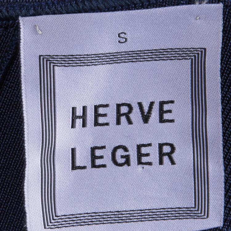 Pre Owned Herve Leger Navy Blue Knit Flared Bottom Bandage Dress S
