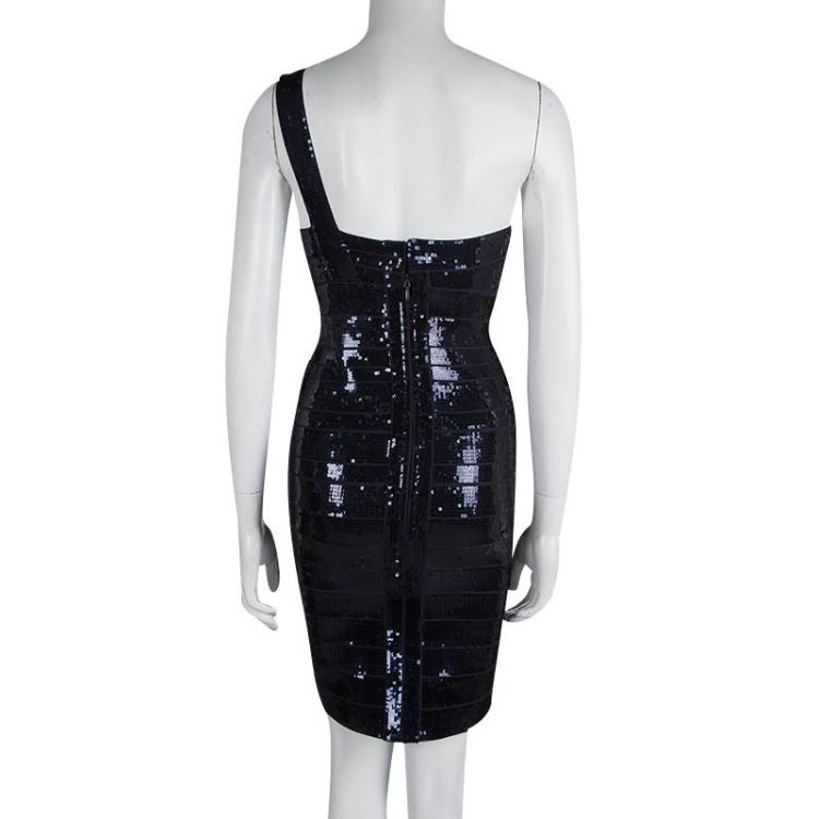 Pre Owned Herve Leger Navy Blue Sequined One Shoulder Pauline Bandage Dress S