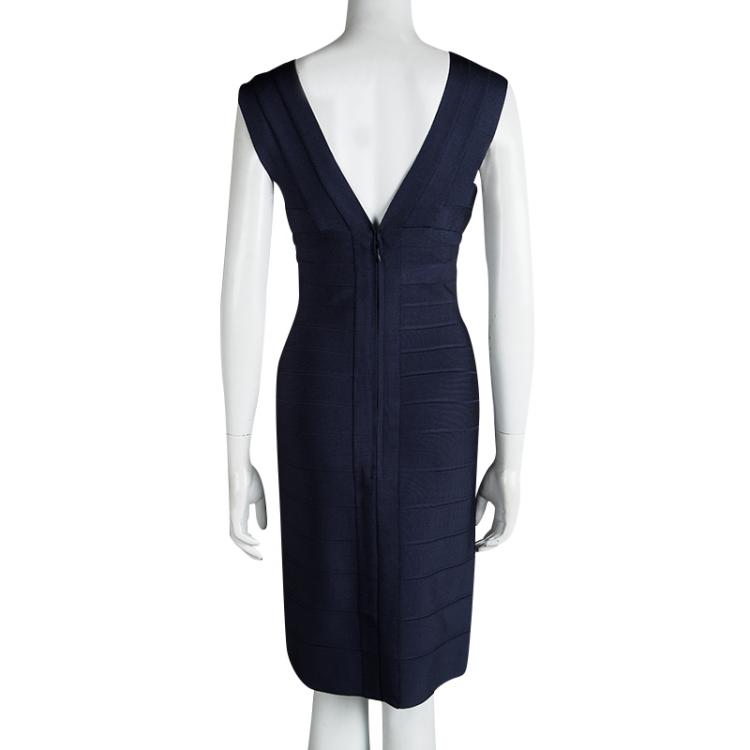 Pre Owned Herve Leger Blue Night V-Neck Bandage Dress M