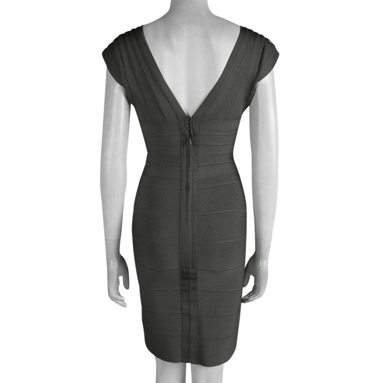 Pre Owned Herve Leger Grey Shadow V-Neck Bandage Dress S