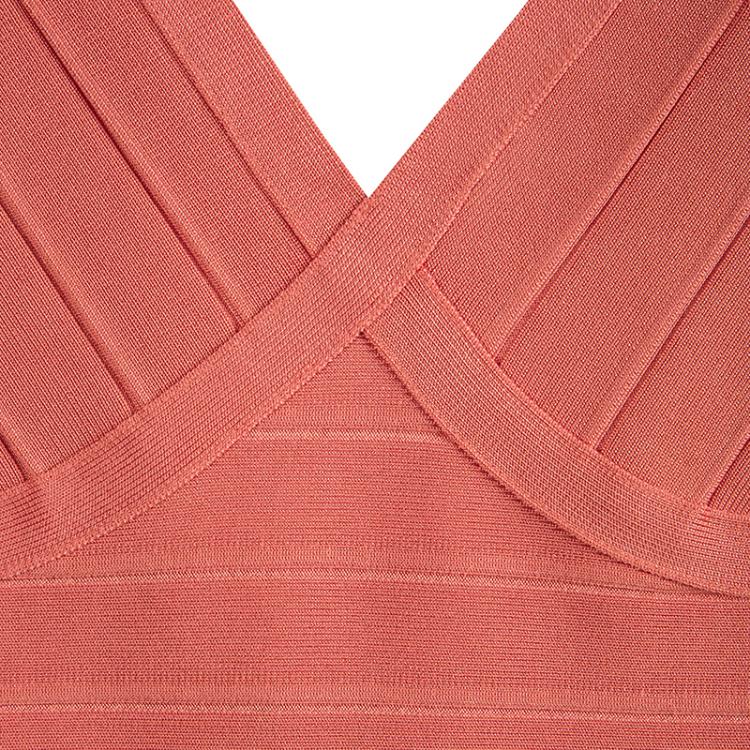 Pre Owned Herve Leger Pastel Orange V-Neck Bandage Dress XS