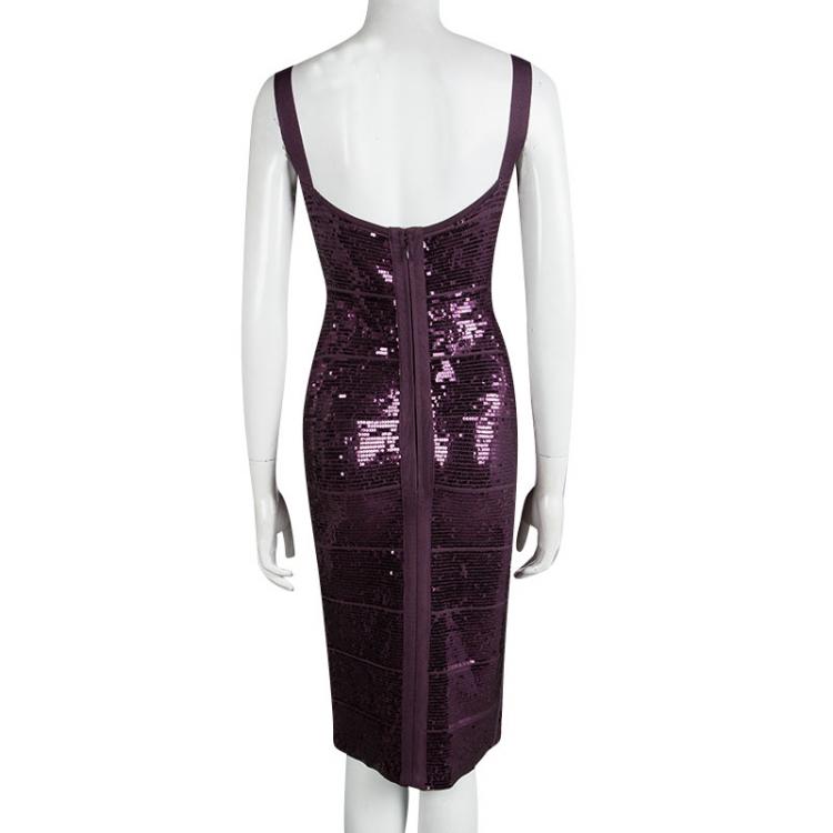 Pre Owned Herve Leger Prune Sequin Embellished Sleeveless Bandage Dress M