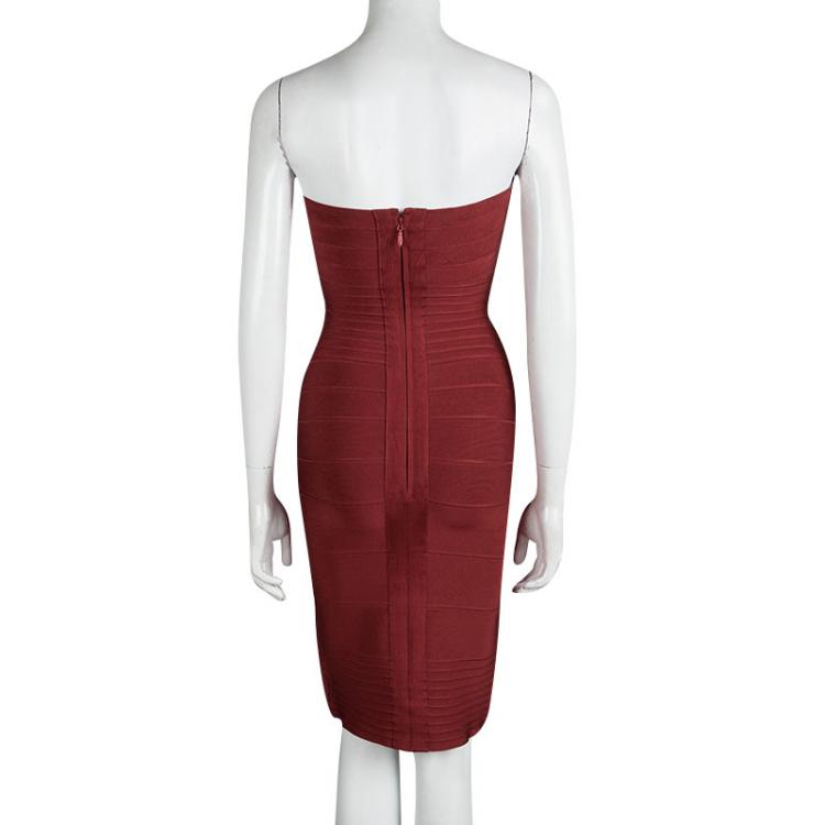 Pre Owned Herve Leger Red Strapless Bandage Dress XS