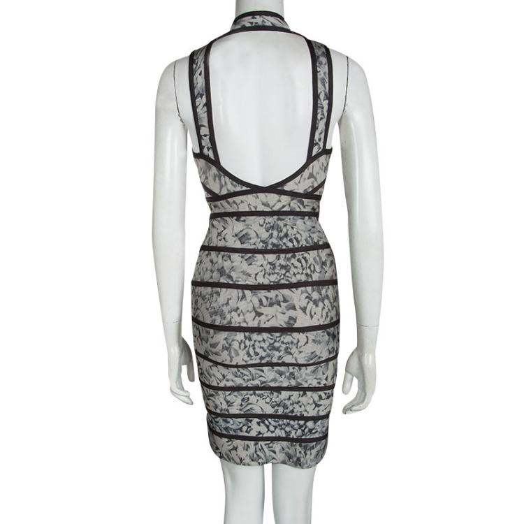 Pre Owned Herve Leger Grey Rose Print Zip Front Zara Bandage Dress S