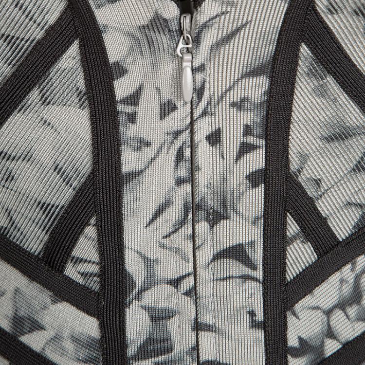 Pre Owned Herve Leger Grey Rose Print Zip Front Zara Bandage Dress S