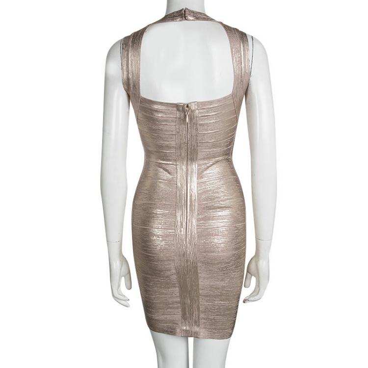 Pre Owned Herve Leger Gold Metallic Coated Sleeveless Bandage Dress S