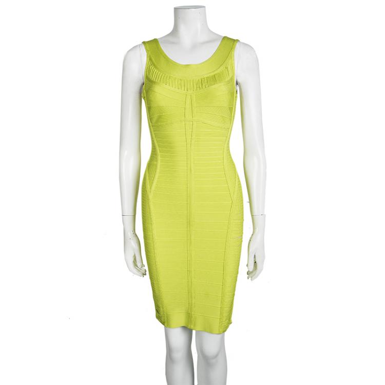 Pre Owned Herve Leger Electric Lime Alabaster Fringe Panel Detail Ysabel Bandage Dress S