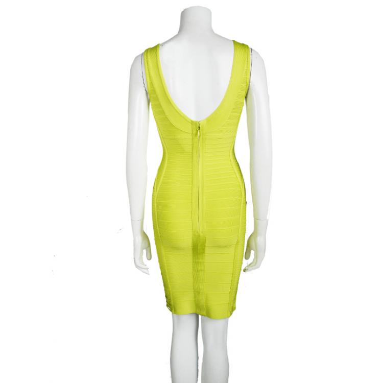 Pre Owned Herve Leger Electric Lime Alabaster Fringe Panel Detail Ysabel Bandage Dress S