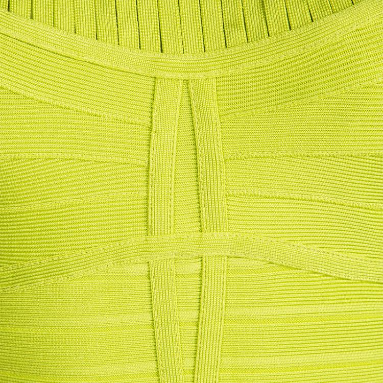 Pre Owned Herve Leger Electric Lime Alabaster Fringe Panel Detail Ysabel Bandage Dress S