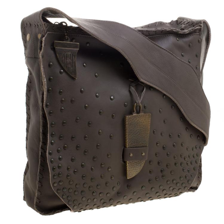 Pre Owned House Of Harlow 1960 Fatigue Green Leather Studded Devon Messenger Bag 