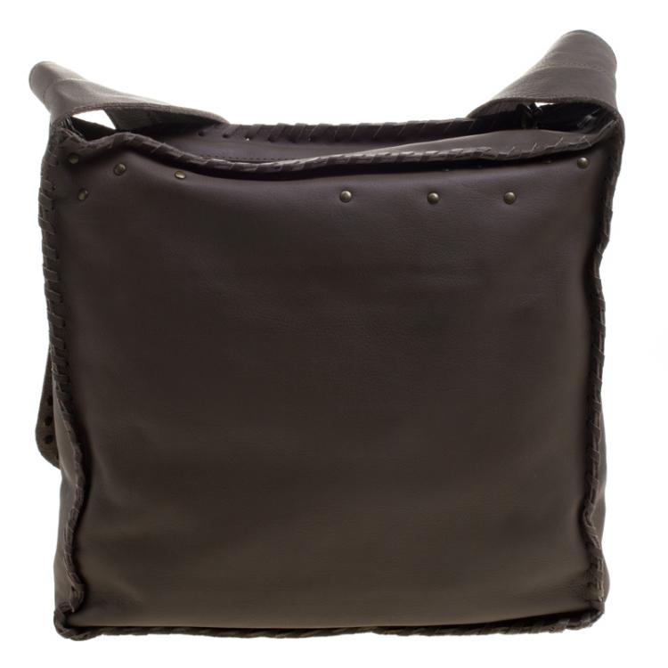 Pre Owned House Of Harlow 1960 Fatigue Green Leather Studded Devon Messenger Bag 