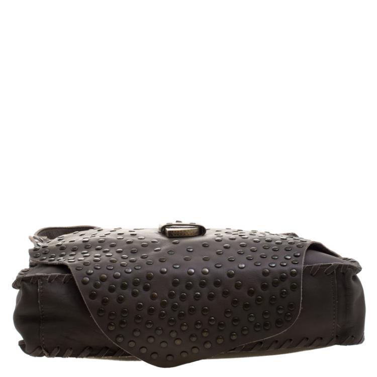 Pre Owned House Of Harlow 1960 Fatigue Green Leather Studded Devon Messenger Bag 
