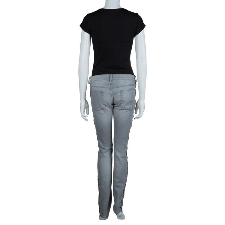 Pre Owned Isabel Marant Etoile Grey Embroidered Side Stripe Detail Denim Jeans L