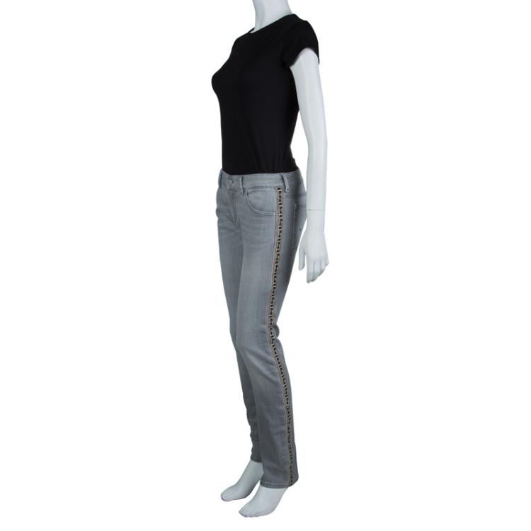 Pre Owned Isabel Marant Etoile Grey Embroidered Side Stripe Detail Denim Jeans L