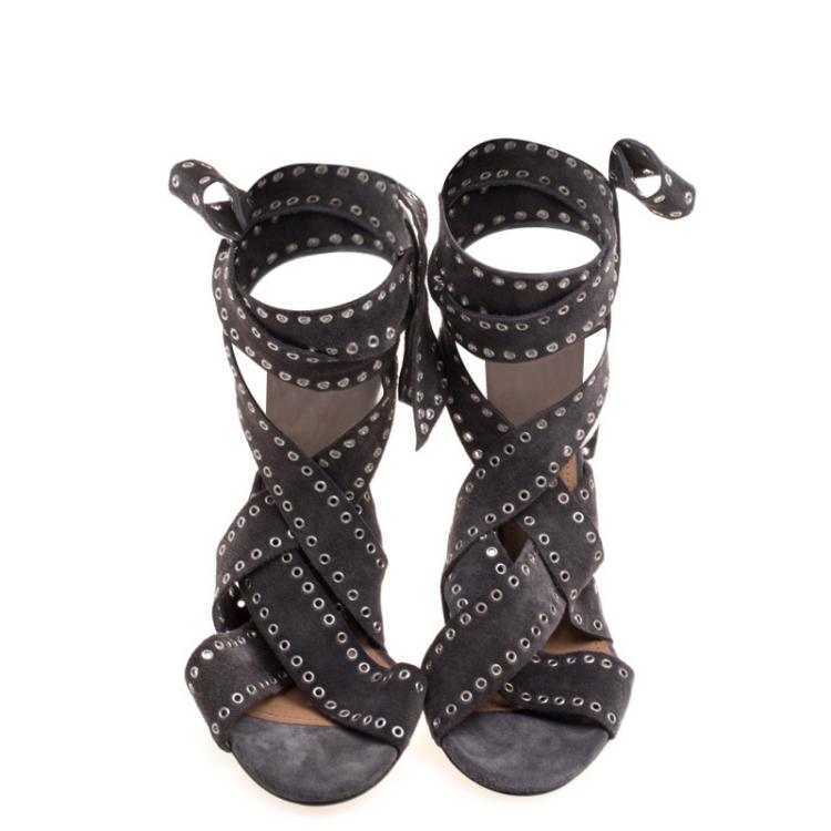 Pre Owned Isabel Marant Grey Eyelet Suede Anaid Cross Strap Wrap Around Sandals Size 40