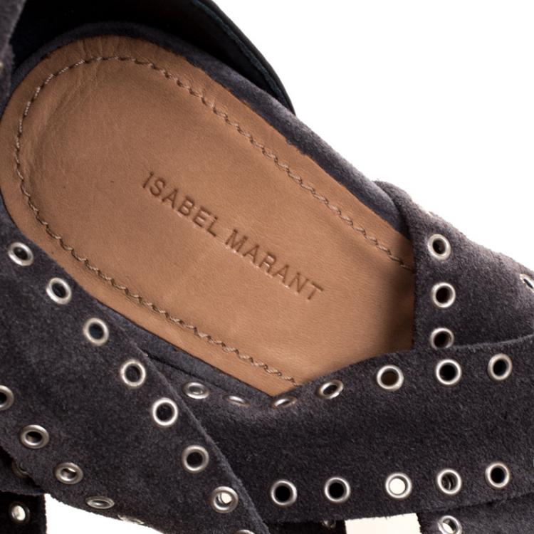 Pre Owned Isabel Marant Grey Eyelet Suede Anaid Cross Strap Wrap Around Sandals Size 40