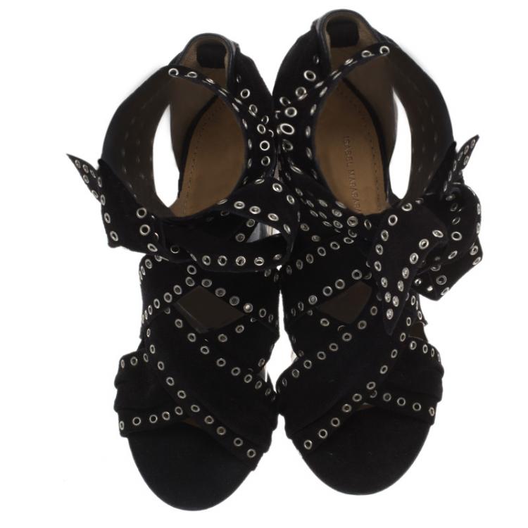 Pre Owned Isabel Marant Black Eyelet Suede Aydan Wrap Around Sandals Size 36